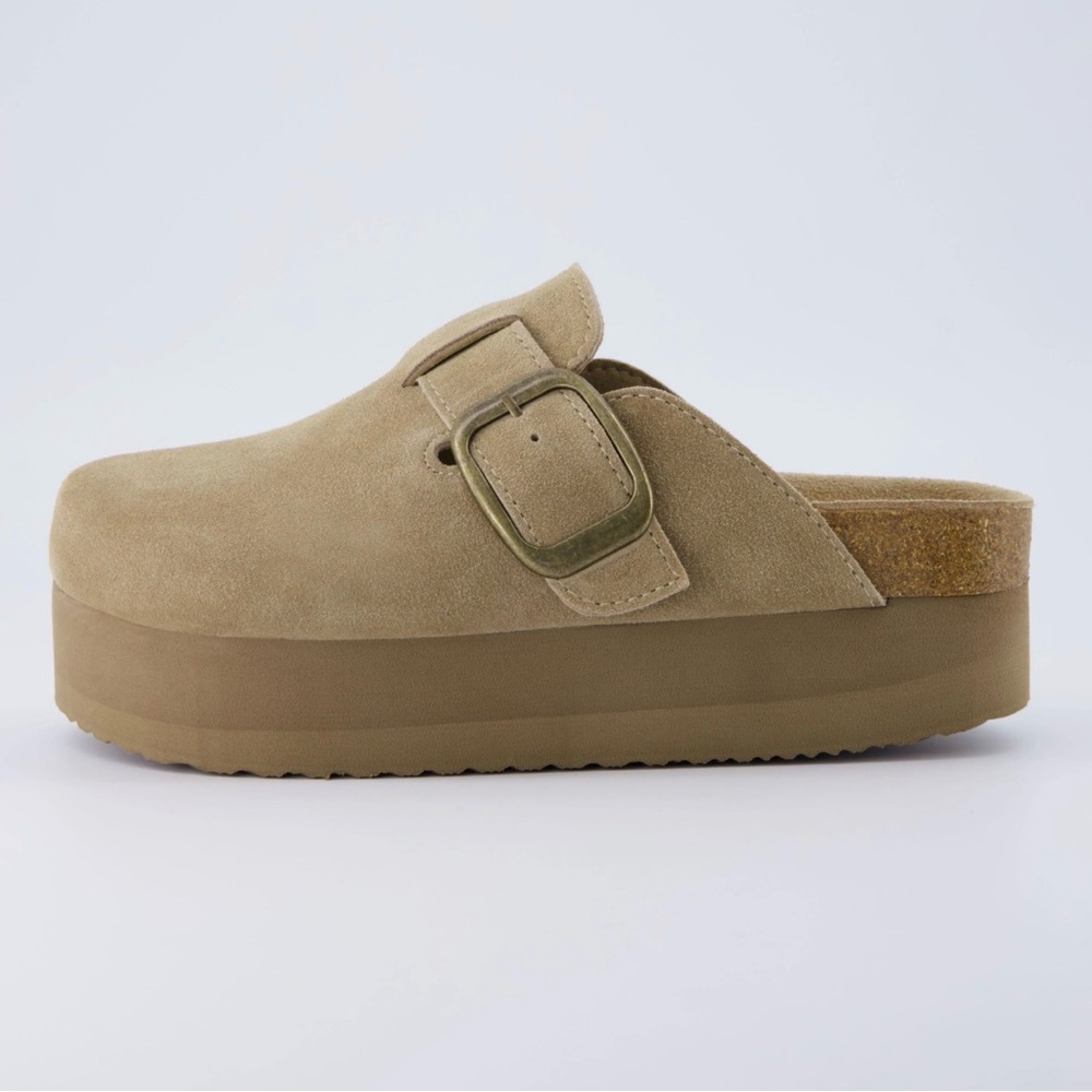 Platform Suede Mule with Buckle Strap - Tan